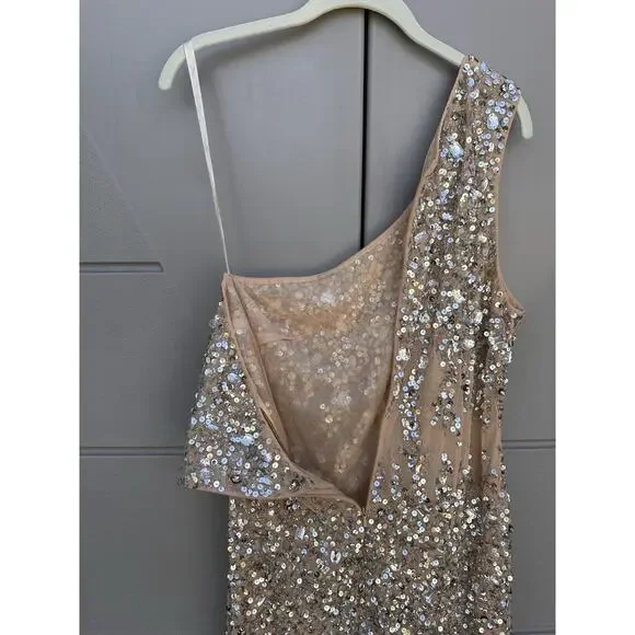 Mac Duggal 10977 Nude One Shoulder Asymmetric Sheer Hand Beaded Mini Dress Sz 12 - Picture 12 of 16